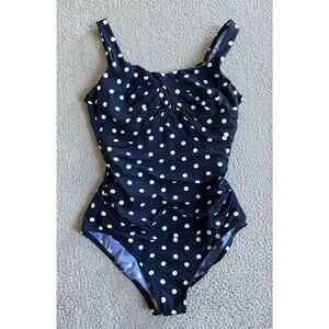 Lands End One Piece Swimsuit 8 Medium Polka Dot Twist Crossback Blue Classic
